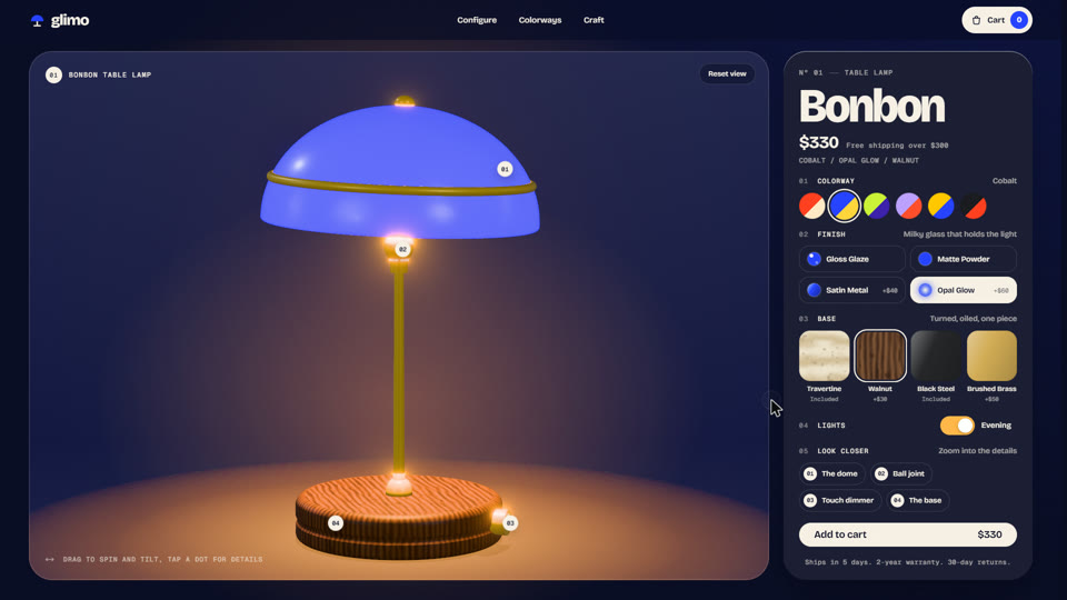 GLIMO 3D lamp configurator store